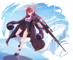 1girl aru_(blue_archive) black_skirt blue_archive breasts closed_mouth coat coat_on_shoulders collared_shirt demon_horns full_body fur-trimmed_coat fur_trim gun halo high_heels holding holding_gun holding_weapon horns long_hair long_sleeves looking_at_viewer pencil_skirt pink_hair red_hair rifle scope shirt skirt smile sniper_rifle solo tooto_(ryuto333) weapon white_shirt yellow_eyes