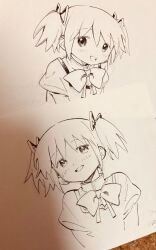 Rule 34 | 1girl, bow, bowtie, collared shirt, commentary request, cropped torso, dated, dot nose, greyscale, hair between eyes, hair ribbon, happy, head tilt, high collar, highres, juliet sleeves, kaname madoka, light blush, long sleeves, looking at viewer, mahou shoujo madoka magica, mahou shoujo madoka magica (anime), mitakihara school uniform, monochrome, multiple views, nib pen (medium), no+bi=, open mouth, pen (medium), photo (medium), puffy sleeves, ribbon, school uniform, shirt, short hair, short twintails, signature, smile, solo, tareme, teeth, traditional media, twintails, upper teeth only