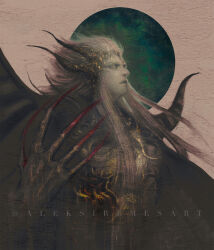 1boy aleksi_remes armor black_armor blood blood_on_hands cape claws emperor_(ff2) final_fantasy final_fantasy_ii full_moon green_moon hand_up horns long_hair long_sidelocks male_focus moon multiple_horns pale_skin pauldrons profile shoulder_armor sidelocks transformation white_eyes white_hair
