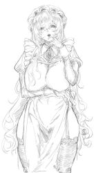 Rule 34 | 1girl, anger vein, angry, apron, arm under breasts, blush, borrowed character, breasts, brooch, collared dress, cowboy shot, curly hair, double-parted bangs, dress, francoise (eurasia), frilled hat, frills, garter straps, gloves, greyscale, hand on own face, hat, highres, indinu, jewelry, juliet sleeves, lace, lace-trimmed thighhighs, lace trim, large breasts, long bangs, long hair, long sleeves, looking at viewer, maid apron, mob cap, monochrome, original, puffy sleeves, raised inner eyebrows, revision, simple background, solo, standing, teeth, thighhighs, thighs, upper teeth only, very long hair, white background