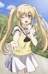 1girl ;d ascot black_ascot blonde_hair blue_sky blush clenched_hand commentary_request cowboy_shot day green_eyes hair_between_eyes hair_intakes hair_ornament hand_up happy long_hair looking_at_viewer miniskirt one_eye_closed onomekaman open_mouth outdoors outstretched_arm outstretched_hand puffy_short_sleeves puffy_sleeves reaching reaching_towards_viewer ringed_eyes sailor_collar school_uniform serafuku shirt short_sleeves sidelocks skirt sky smile solo straight_hair summer_pockets summer_pockets_school_uniform sweater_vest tsumugi_wenders twintails very_long_hair white_sailor_collar white_serafuku white_shirt white_skirt x_hair_ornament yellow_sweater_vest