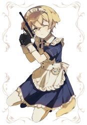1boy absurdres alternate_costume animal_ears apron black_dress black_gloves black_shoes blonde_hair bow bowtie collared_dress crossdressing dog_boy dog_ears dog_tail dress enmaided full_body gloves gun highres holding holding_gun holding_weapon limbus_company looking_at_viewer maid maid_apron maid_headdress male_focus male_maid one_eye_closed pantyhose project_moon puffy_short_sleeves puffy_sleeves shoes short_hair short_sleeves simple_background sinclair_(project_moon) sitting solo tail weapon white_apron white_background white_pantyhose widosya wrist_cuffs yellow_bow yellow_bowtie yellow_eyes