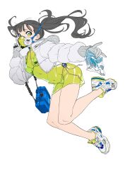 1girl bag bare_legs blue_bag blunt_bangs bra breasts cleavage closed_mouth dress expressionless flat_color full_body gas_mask gloves green_eyes grey_gloves grey_hair hands_up highres holding holding_bag hood hood_down jacket knees_together_feet_apart legs long_hair looking_at_viewer mask midair mouth_mask navel open_clothes open_jacket original outstretched_arm padded_jacket panties plastic_bag puma_(brand) see-through_clothes see-through_dress see-through_mask shoes short_dress shoulder_bag simple_background small_breasts sneakers stomach tarou2 turtleneck turtleneck_dress twintails underwear white_background white_footwear white_jacket zipper_pull_tab