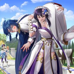 Rule 34 | 2boys, 2girls, absurdres, alternate costume, assertive female, black hair, blue hair, blue sky, blush, boots, breasts, bridal veil, bride, brother and sister, cape, carrying, carrying over shoulder, carrying person, castle, choker, cleavage, closed eyes, commission, commissioner upload, couple, demdeet, dress, earrings, embarrassed, field, fire emblem, fire emblem: genealogy of the holy war, fire emblem heroes, fist pump, flower, flower hairpin, formal clothes, gloves, grabbing another&#039;s ass, groom, groping, hetero, highres, jewelry, lake, lana (bride) (fire emblem), lana (fire emblem), larcei (bride of astra) (fire emblem), larcei (fire emblem), laughing, long hair, looking at another, looking at viewer, medium breasts, mountain, multiple boys, multiple girls, nail polish, nintendo, official alternate costume, one eye closed, open mouth, orange hair, outdoors, over shoulder, pants, pelvic curtain, princess carry, ring, rose, scathach (fire emblem), seliph (enduring legacy) (fire emblem), seliph (fire emblem), short hair, siblings, sidelocks, sky, smile, standing, strapless, strapless dress, suit, thighhighs, tiara, twins, vambraces, veil, wavy mouth, wedding, wedding dress, wedding ring, white dress, white flower, white gloves, white rose, wide-eyed