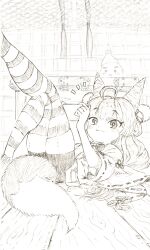 1girl :3 absurdres ahoge cone_hair_bun fox_girl fox_tail hair_bun hair_ornament hair_rings highres inari_(tenko_shibuki) kosode monochrome pom_pom_(clothes) pom_pom_hair_ornament shorts socks_over_thighhighs stellive tail tenko_shibuki virtual_youtuber