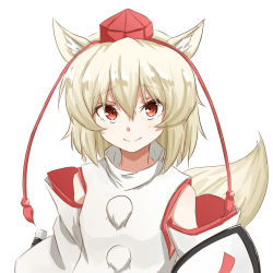 1girl animal_ears bare_shoulders blush closed_mouth commentary detached_sleeves female_focus hat highres holding holding_shield holding_sword holding_weapon inubashiri_momiji looking_at_viewer pom_pom_(clothes) raised_eyebrows red_eyes shield shirt short_hair simple_background smile solo sword tail tarumaru tokin_hat touhou turtleneck upper_body weapon white_background white_hair white_shirt wolf_ears wolf_tail