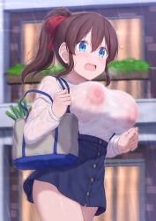 1girl bag blue_eyes blue_skirt blurry blurry_background blush breasts brown_hair cai_geng carrot commentary_request covered_erect_nipples dashing hair_ribbon highres idolmaster idolmaster_million_live! large_breasts long_hair long_sleeves nipples no_bra open_mouth ponytail rain ribbon running satake_minako see-through_clothes see-through_shirt shirt shirt_tucked_in shoulder_bag sidelocks skirt spring_onion wet wet_clothes wet_shirt white_shirt