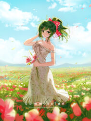 1girl alternate_costume arm_up bare_shoulders blue_sky bow breasts cleavage cloud cloudy_sky collarbone commission day dress fire_emblem fire_emblem:_genealogy_of_the_holy_war flower green_eyes green_hair hair_bow highres holding holding_flower lene_(fire_emblem) looking_at_viewer meadow medium_breasts nintendo off-shoulder_dress off_shoulder outdoors ponytail red_bow red_flower sky smile solo sumustard white_dress