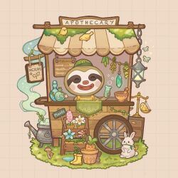 1boy ^_^ animal_crossing apothecary apron artist_name awning balance_scale bird blue_flower boots bottle bowl brown_background bug butterfly carrot cauldron chain closed_eyes commentary counter crystal english_commentary flask flower flower_pot grass green_hat grid_background hand_up hat herb herb_bundle highres holding holding_test_tube hyacinth insect kurain_villager lantern leif_(animal_crossing) lily_(flower) male_focus mario_(series) mortar_(bowl) moss mushroom nintendo open_mouth pestle pink_flower piranha_plant plant potion potted_plant puddle rabbit round-bottom_flask rubber_boots sign silent_princess simple_background sloth_boy smile solo test_tube the_legend_of_zelda trowel twitter_username unworn_boots vending_cart weighing_scale white_flower yellow_apron yellow_boots yellow_flower