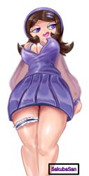 Rule 34 | 1girl, bare legs, breasts, brown hair, dress, hair ornament, hairclip, half-closed eyes, headband, heart-shaped mouth, highres, large breasts, leg ribbon, mole, mole under eye, non-web source, original, purple dress, purple eyes, ribbon, sakubasan, see-through clothes, see-through sleeves, self-upload, thigh ribbon