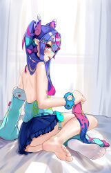 1girl :p absurdres barefoot blue_hair blush feet highres hongse_mayi_sanbeisu long_hair looking_at_viewer red_eyes see-through_clothes see-through_legwear soles toes tongue tongue_out