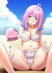 1girl absurdres ahoge bare_shoulders bikini blue_sky blush bow bow_bikini breasts cameltoe cloud cloudy_sky collarbone commentary covered_erect_nipples day earrings frilled_bikini frilled_thigh_strap frills gradient_hair green_eyes heterochromia highres himemori_luna hololive jewelry looking_at_viewer medium_hair multicolored_hair navel o-ring o-ring_bikini o-ring_top o3o open_mouth outdoors pink_eyes pink_hair polka_dot polka_dot_bikini sitting sky solo spread_legs star_(symbol) star_earrings stomach swimsuit thigh_strap thighlet thighs two-tone_hair uneven_eyes virtual_youtuber white_bikini white_bow zabudog777