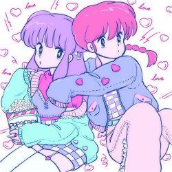 2girls alternate_costume casual multiple_girls purple_eyes purple_hair ranma-chan ranma_1/2 red_hair saotome_ranma shampoo_(ranma_1/2) sidelocks