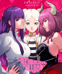 3girls aura_(sousou_no_frieren) bare_shoulders black_dress breasts catherine:_full_body catherine_(game) cesar_art456 character_name collarbone copyright_name cover demon_girl demon_horns dress elf fern_(sousou_no_frieren) flat_chest frieren green_eyes hand_on_own_hip heart highres horns large_breasts long_hair long_sideburns looking_at_viewer medium_hair multiple_girls pink_background pink_hair pink_lips pointy_ears purple_eyes purple_hair robe sideburns sousou_no_frieren strapless strapless_dress twintails upper_body video_game_cover white_dress white_hair white_robe