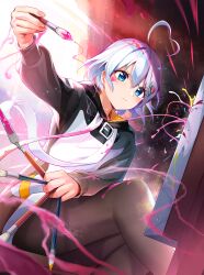 1girl absurdres ahoge blue_eyes brown_pantyhose canvas_(object) closed_mouth grey_hair hair_between_eyes heart heart_ahoge heart_on_cheek highres holding holding_paintbrush hood hoodie looking_at_viewer maeshimashi mole mole_under_eye original paint paintbrush pantyhose short_hair sitting solo two-tone_hoodie