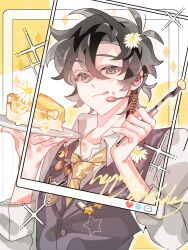 1boy :q antenna_hair badge bishounen black_hair black_vest brown_eyes cake cake_slice cheng_xiaoshi chinese_commentary closed_mouth collared_shirt earrings eating english_text fake_screenshot flower food food_on_face fork hair_between_eyes hair_flower hair_ornament happy_birthday headset highres holding holding_fork holding_plate jewelry licking_lips long_sleeves looking_at_viewer male_focus mengfeizuoyou necktie official_alternate_costume plate ponytail shiguang_dailiren shirt short_hair short_ponytail smile solo sparkle star_(symbol) tongue tongue_out upper_body vest white_flower white_shirt yellow_background yellow_necktie