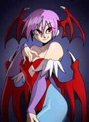 animal_print bat_print bat_wings blue_pantyhose capcom darkstalkers demon_girl diamond_cutout head_wings highleg highleg_leotard highres leotard lilith_(darkstalkers) non-web_source off-shoulder_leotard pantyhose pink_hair print_pantyhose red_leotard wings