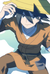 1boy arm_support arm_up black_hair brown_jacket brown_pants closed_mouth commentary_request from_above grey_eyes hair_between_eyes hat highres jacket looking_up male_focus nintendo pants pokemon pokemon_legends:_arceus rye_(pokemon) sasami_642 short_hair sitting smile solo split_mouth yellow_hat