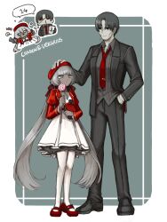 1boy 1girl alternate_costume black_hair black_jacket black_pants black_shoes blue_gemstone border bow candy character_name charon_(project_moon) collared_shirt dark-skinned_female dark_skin dress earrings food full_body gem grey_background grey_eyes grey_hair hair_bow hat highres jacket jewelry limbus_company lollipop long_hair looking_at_another necklace necktie nra_3614 pants pantyhose project_moon red_bow red_hat red_jacket red_necktie red_shoes shirt shoes short_hair simple_background single_earring standing vergilius_(project_moon) white_border white_dress white_pantyhose