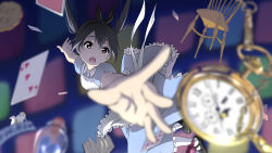 1girl alice_(alice_in_wonderland) alice_(alice_in_wonderland)_(cosplay) alice_in_wonderland apron black_hair blue_dress blurry blush book bottle brown_eyes card chair commentary_request cookie cosplay depth_of_field dress falling female_focus food highres k-on! long_hair nakano_azusa oku_no_shi pantyhose playing_card pocket_watch skirt solo teapot twintails watch white_pantyhose
