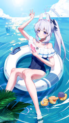 1girl absurdres animal_ears animalization bird blue_archive blue_halo blue_one-piece_swimsuit blue_sky casual_one-piece_swimsuit chinese_commentary cloud commentary_request day duck fake_animal_ears frilled_one-piece_swimsuit frills grey_hair halo highres horizon innertube long_hair looking_at_viewer miyako_(blue_archive) miyako_(swimsuit)_(blue_archive) miyu_(blue_archive) moe_(blue_archive) ocean off-shoulder_one-piece_swimsuit off_shoulder official_alternate_costume one-piece_swimsuit outdoors ponytail purple_eyes saki_(blue_archive) sanshiro_(sanbai626) sky smile solo swim_ring swimsuit two-tone_one-piece_swimsuit water white_innertube