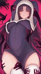 Rule 34 | 0nineo9, 1girl, absurdres, arms behind head, arms up, black dress, black hair, breasts, dress, facial mark, fate/extra, fate/extra ccc, fate/grand order, fate (series), forehead mark, ghost hands, habit, highres, large breasts, long hair, long sleeves, looking at viewer, nun, parted bangs, sessyoin kiara, side slit, smile, thighhighs, thighs, very long hair, white thighhighs, yellow eyes