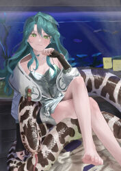 1girl :3 awasabis bare_legs bare_shoulders barefoot blue_hair closed_mouth crossed_legs dress fang fang_out fish fish_tank foot_out_of_frame green_eyes hand_up highres hissabeth jacket long_hair looking_at_viewer pencil_dress red_pupils reverse:1999 short_dress silver_dress sitting sitting_on_animal sleeveless sleeveless_dress slit_pupils snake solo spaghetti_strap white_jacket