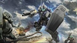 battle bazooka_(gundam) beam_rifle blue_visor cable cloud cloudy_sky copyright_logo damaged earth_federation energy_gun fire gm_(mobile_suit) gm_dominance gun gundam gundam_battle_operation_2 gundam_side_story:_the_blue_destiny heat_hawk jumping machine_gun machinery mecha mecha_focus mobile_suit no_humans official_art painting_(medium) radio_antenna realistic robot scan science_fiction scope shield sky smoke tenjin_hidetaka thrusters traditional_media weapon zaku zaku_ii zeon