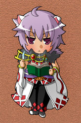 1boy :&lt; ahoge animal_ears argyle_cape argyle_clothes argyle_pants argyle_shirt bangle black_pants book bracelet cape cat_boy cat_ears closed_mouth commentary_request detached_sleeves expressionless full_body fur_collar grey_shoes holding holding_book holding_quill jewelry looking_at_viewer male_focus monou0135 orange_background pants purple_eyes purple_hair quill ragnarok_online shirt shoes short_hair solo sorcerer_(ragnarok_online) standing waist_cape white_cape white_shirt white_sleeves