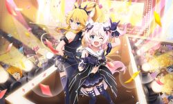 Rule 34 | 2girls, ;d, ahoge, animal ear fluff, animal ears, artist request, back-to-back, black gloves, blue eyes, blue gloves, blue skirt, blue thighhighs, bow, bow skirt, cat ears, concert, confetti, crop top, feet out of frame, fox ears, fox girl, fox shadow puppet, fox tail, from above, gloves, hair bow, hand on own hip, high ponytail, howan (show by rock!!), lens flare, long hair, looking at viewer, multiple girls, navel, official alternate costume, official art, one eye closed, open mouth, people, pink hair, ponytail, rararin (show by rock!!), sailor collar, short hair, show by rock!!, side ponytail, skirt, smile, sparkle, stage, stage lights, standing, tail, thighhighs, third-party source, tiara
