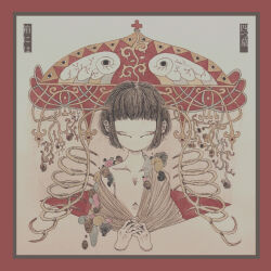 1girl absurdres album_cover androgynous black_hair border closed_eyes cover disembodied_hand flat_chest highres horns no_mouth off_shoulder official_art open_clothes open_robe original own_hands_together plant_roots red_border robe shi_(yotsuhaka) short_hair single_bare_shoulder slug straight-on upper_body