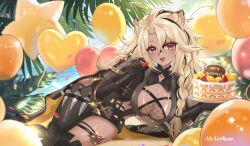 Rule 34 | 1girl, aki hoshino, animal ear fluff, animal ears, artist name, balloon, birthday cake, black gloves, black hair, black pantyhose, blonde hair, braid, breasts, cake, candle, cleavage, commission, fishnets, food, fruit, gloves, hair between eyes, happy birthday, heart balloon, highres, holding, holding food, holding fruit, indie virtual youtuber, kunai, large breasts, leah panthera, lion ears, long hair, multicolored hair, open mouth, pantyhose, pink eyes, single leg pantyhose, smile, solo, strawberry, streaked hair, thigh strap, water, weapon
