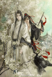 2boys arm_hug black_eyes black_hair black_hanfu bracer branch chinese_clothes closed_mouth couple dizi faux_traditional_media flower flute flute_tassel grey_eyes guqin hair_ribbon hanfu headband height_difference high_ponytail holding holding_flute holding_instrument ink_wash_painting instrument instrument_case kcllzas163 lan_wangji light_particles locked_arms long_hair long_sleeves looking_at_another male_focus modao_zushi multiple_boys outdoors parted_lips ponytail red_ribbon ribbon robe shoulder_belt sky smile standing tassel third-party_source transverse_flute tree watermark wei_wuxian weibo_watermark white_flower white_hanfu white_headband wide_sleeves yaoi