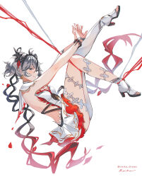 1girl black_eyes black_flower blake_bloom_(wuthering_waves) boots breasts camellya_(wuthering_waves) closed_mouth commentary dress flower from_side full_body grey_hair hair_flower hair_ornament hair_vines highres legs looking_at_viewer medium_breasts open-toe_boots pantyhose reika_(reikadraws) shoes short_hair sideless_dress signature simple_background single_leg_pantyhose smile solo toes twitter_username white_background white_dress white_pantyhose white_shoes wuthering_waves