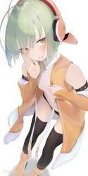 1girl absurdres ahoge armpits bare_shoulders black_panties black_thighhighs blush boots breasts chunithm detached_collar detached_sleeves finger_to_mouth from_above full_body green_hair hair_between_eyes hand_to_own_mouth headphones highres kisaragi_yaya looking_at_viewer navel no_bra open_clothes orange_boots orange_eyes orange_headphones orange_shirt panties parted_lips shirt short_hair shushing signature sky_feather_(chunithm) sleeveless small_breasts solo standing thighhighs thighs underwear untied_ribbon