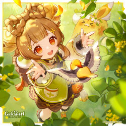 1girl :d absurdres arms_up backpack_basket bag bell bird blunt_bangs blurry blurry_foreground boots border bow-shaped_hair braid branch brown_dress brown_eyes brown_hair commentary company_name copyright_name double-parted_bangs dress english_commentary eyelashes falling_leaves flower flower_wreath from_above fur-trimmed_boots fur_trim genshin_impact gradient_sleeves grass green_jacket hair_bell hair_ornament happy head_wreath highres jacket jingle_bell leaf long_sleeves looking_up medium_hair official_art open_mouth outside_border outstretched_arms petals pocket puffy_long_sleeves puffy_sleeves radish sidelocks smile solo standing stuffed_animal stuffed_rabbit stuffed_toy tassel teeth upper_teeth_only white_boots white_border white_flower yaoyao_(genshin_impact) yellow_flower yuegui_(genshin_impact)