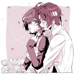 Rule 34 | 1boy, 1girl, apron, asaba harumasa, belle (zenless zone zero), blush, closed eyes, collared shirt, commentary request, cookie, earrings, food, from side, hair between eyes, headband, heart, hetero, highres, holding, holding food, hug, hug from behind, jewelry, long sleeves, monochrome, open mouth, red theme, shirt, short hair, signature, sleeves past wrists, stud earrings, sweater, upper body, yuchizero, zenless zone zero