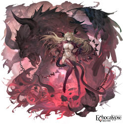1girl absurdres animal_ear_fluff animal_ears between_breasts black_horns blonde_hair bracelet breasts caroline_(echocalypse) chain echocalypse fang gloves grey_eyes highres holding holding_weapon holding_whip horns jacket large_breasts leotard lion logo long_hair mole mole_under_eye multiple_bracelets navel o-ring official_art parted_lips red_gloves red_horns red_jacket red_thighhighs revealing_clothes skin_fang solo t_lege_d tail thighhighs weapon white_leotard