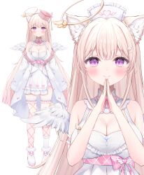 1girl absurdres animal_ear_fluff animal_ears bare_shoulders blush breasts cleavage closed_mouth commentary_request copyright_request dress frilled_dress frilled_hat frills halo hat highres jacket large_breasts light_brown_hair long_hair mortarboard multiple_views nurse nurse_cap off_shoulder open_clothes open_jacket pink_headwear purple_eyes rucaco shoes simple_background smile steepled_fingers tilted_headwear very_long_hair virtual_youtuber white_background white_dress white_footwear white_headwear white_jacket
