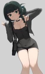 1girl absurdres alternate_costume arm_up bag black_choker black_dress braid breasts choker closed_mouth collarbone cropped_jacket dress green_eyes green_hair grey_background grey_jacket hair_bun handbag highres jacket looking_at_viewer low_twin_braids qingyi_(zenless_zone_zero) short_dress simple_background sitting small_breasts solo syhan thighs twin_braids zenless_zone_zero