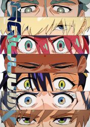 3boys 4girls amate_yuzuriha aqua_eyes black_hair blonde_hair brown_hair challia_bull char_aznable comoli_harcourt dark-skinned_female dark_skin green_eyes green_hair gundam gundam_gquuuuuux hands_on_own_face hat highres lalah_sune long_hair looking_at_viewer mole mole_under_eye multiple_boys multiple_girls nyaan_(gundam_gquuuuuux) red_hair shirouzu_(gundam) short_hair xavier_olivette yellow_eyes yy_shibata