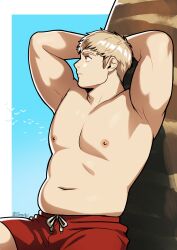 1boy absurdres arms_behind_head artist_name bara blonde_hair dungeon_meshi highres laios_touden looking_afar male_focus male_swimwear muscular muscular_male nifast_(greentail) nipples red_male_swimwear signature simple_background sitting solo yellow_eyes