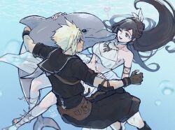 1boy 1girl air_bubble animal bare_shoulders belly_chain bikini black_hair black_sailor_collar black_shirt black_shorts blonde_hair bow breasts brown_gloves bubble chest_jewel choker cloud_strife cloud_strife_(maritime_sailor) collarbone commentary_request dancer dolphin earrings feet_out_of_frame final_fantasy final_fantasy_vii final_fantasy_vii_ever_crisis floating_hair gloves hair_bow hand_on_another&#039;s_arm heart jewelry long_hair looking_at_another medium_breasts necklace ninnin5tora official_alternate_costume one_eye_closed parted_lips red_eyes sailor_collar shirt short_hair shorts smile spiked_hair stomach swept_bangs swimsuit tifa_lockhart tifa_lockhart_(passion_mermaid) toeless_footwear underwater white_bikini white_bow white_choker