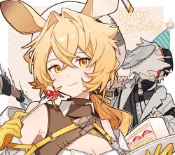 1girl 2boys animal_ears arknights bare_shoulders birthday birthday_cake black_hair black_shirt blonde_hair breasts cake cleavage coat dorothy_(arknights) ear_tag elysium_(arknights) feather_hair food fork fruit gloves happy_birthday hat holding holding_fork holding_plate in_the_face looking_at_viewer maguro_kan mouse_ears mouse_girl multiple_boys party_hat pie_in_face plate red_streaks shirt strawberry strawberry_shortcake thorns_(arknights) throwing throwing_food white_coat white_hat yellow_eyes
