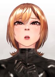 Rule 34 | 1girl, absurdres, black bodysuit, blonde hair, blush, bodysuit, brown eyes, highres, kilye kairi, looking at viewer, multicolored hair, original, short hair, solo, upper body