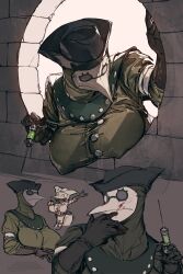 2girls ^_^ absurdres artist_logo black_gloves black_hair blood blood_on_face breasts closed_eyes coat gloves green_coat hand_on_own_chin highres holding holding_syringe juerucj large_breasts logo multiple_girls nipples original plague_doctor_mask syringe through_window