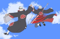 2boys akatsuki_uniform back blue_skirt briefcase cloud cloudy_sky full_body grey_hair hidan_(naruto) holding holding_briefcase holding_hands interlocked_fingers kakuzu_(naruto) male_focus mask mouth_mask multiple_boys naruto_(series) naruto_shippuuden ninja ninja_mask outdoors scythe shoe_soles skirt sky tattoo weapon weapon_on_back yi_(199702090505)