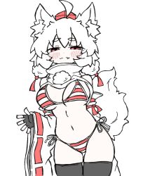 1girl animal_ears bikini blush breasts fumomono highres inubashiri_momiji kneehighs medium_breasts medium_hair red_eyes socks steam swimsuit tail touhou white_background white_hair wolf_ears wolf_girl wolf_tail