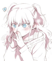 Rule 34 | !, 1girl, blue eyes, blush, bright pupils, charlotte (anime), closed mouth, cold, commentary request, ear blush, hair between eyes, hands up, long hair, long sleeves, misaki juri, puff of air, shirt, sidelocks, simple background, solo, speech bubble, spoken exclamation mark, steepled fingers, tomori nao, two side up, upper body, wavy hair, white background, white pupils