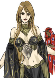 1990s_(style) 1boy 1girl barbariccia bikini breasts brown_eyes brown_hair detached_sleeves female_focus final_fantasy final_fantasy_iv jewelry kareji loincloth long_hair lots_of_jewelry midriff necklace retro_artstyle rubicante simple_background solo swimsuit very_long_hair